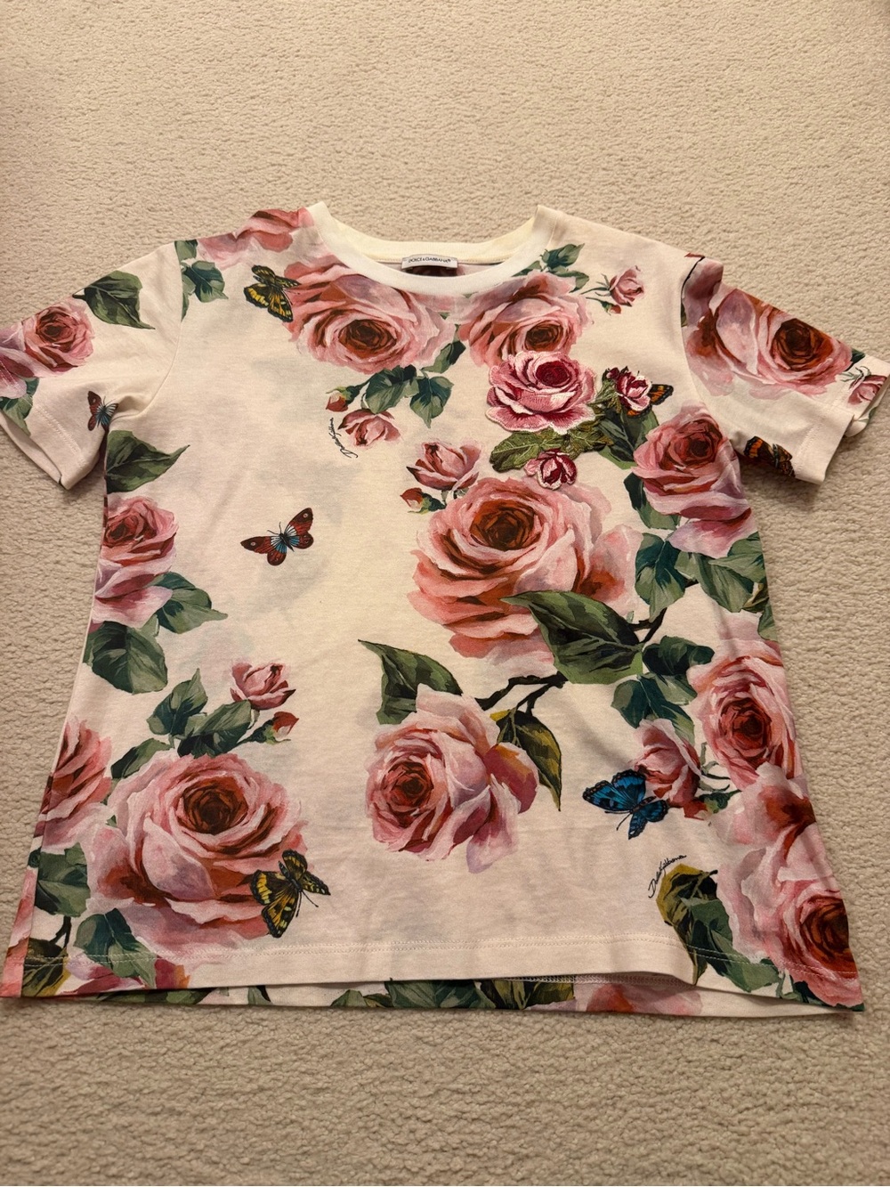 Dolce & Gabbana Cream T-Shirt with Pink Rose & Green Leaf Print